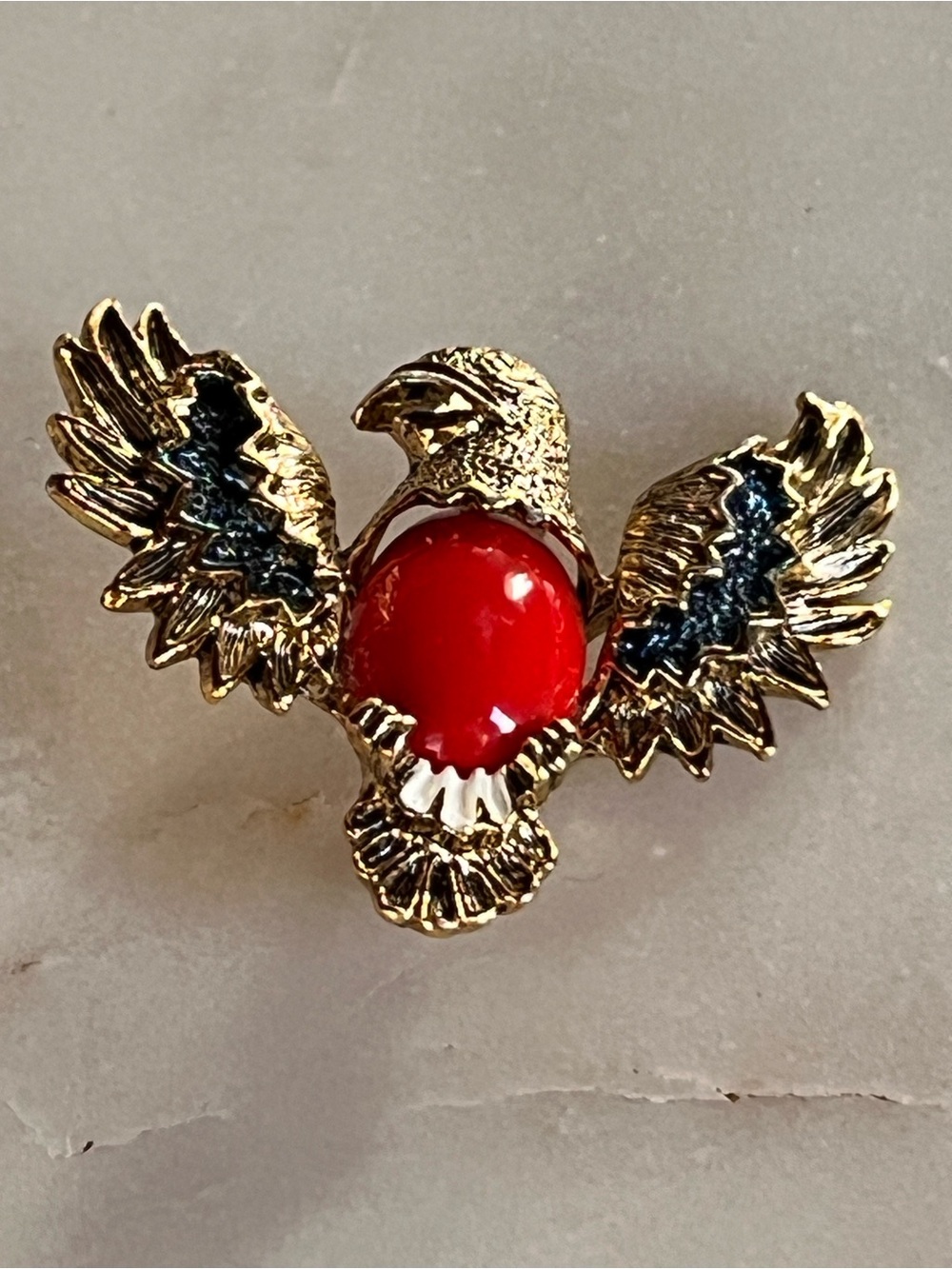 Vintage Gerry’s Gold Tone Eagle Brooch Red Cabochon Enamel Wings Pin